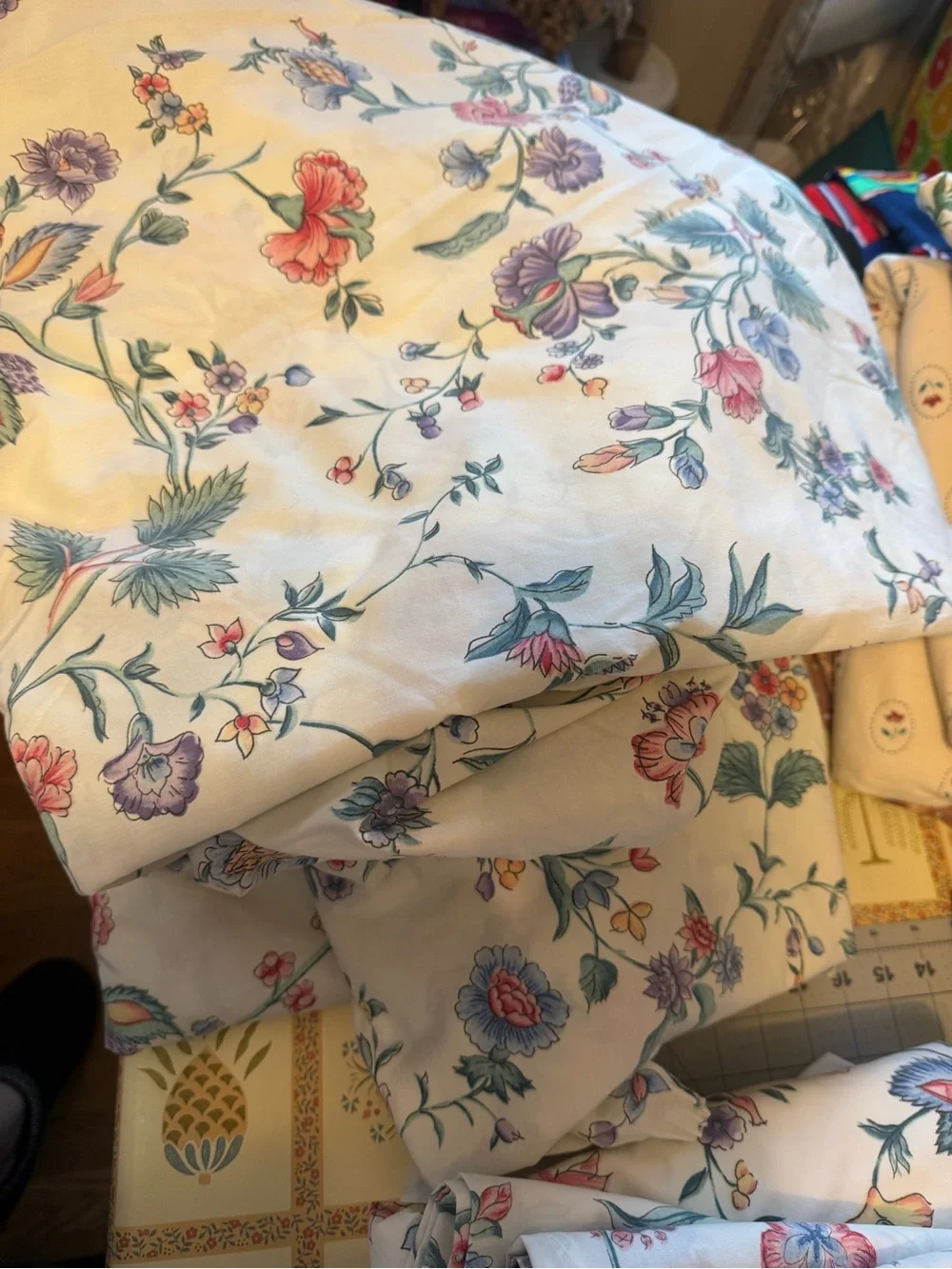 Vintage Laura Ashley Chinese Silk chintz floral bedding. Full/Queen.